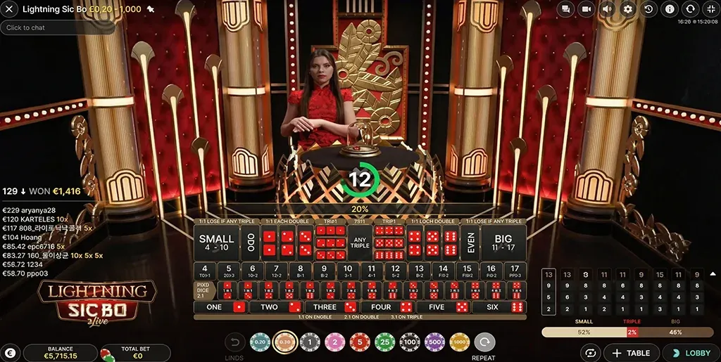 Lightning Sic Bo gameplay view with host and the live betting grid