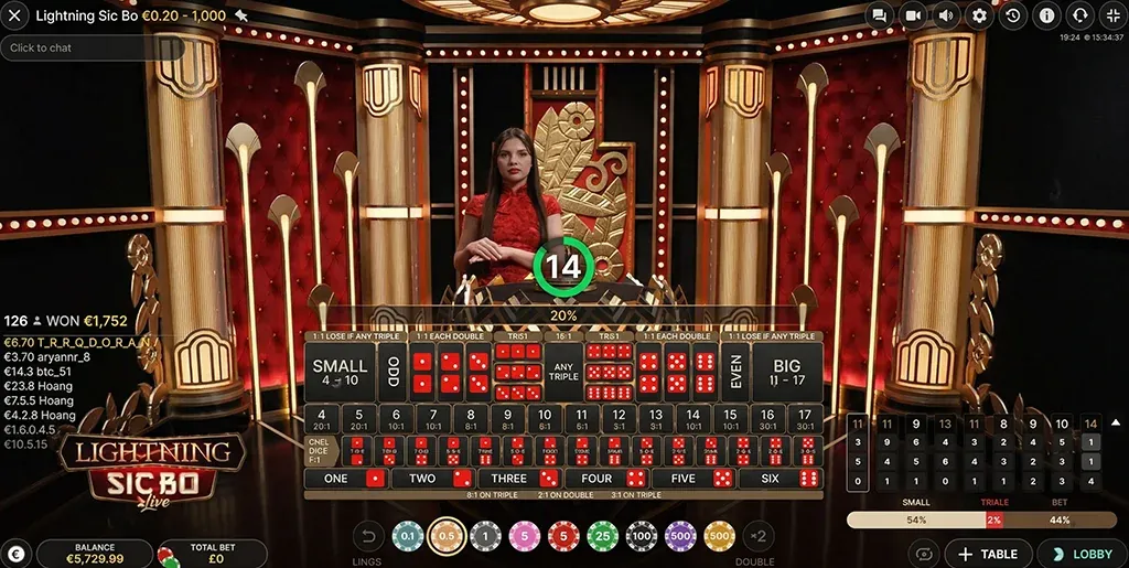 Lightning Sic Bo live table with host, betting grid and the round countdown