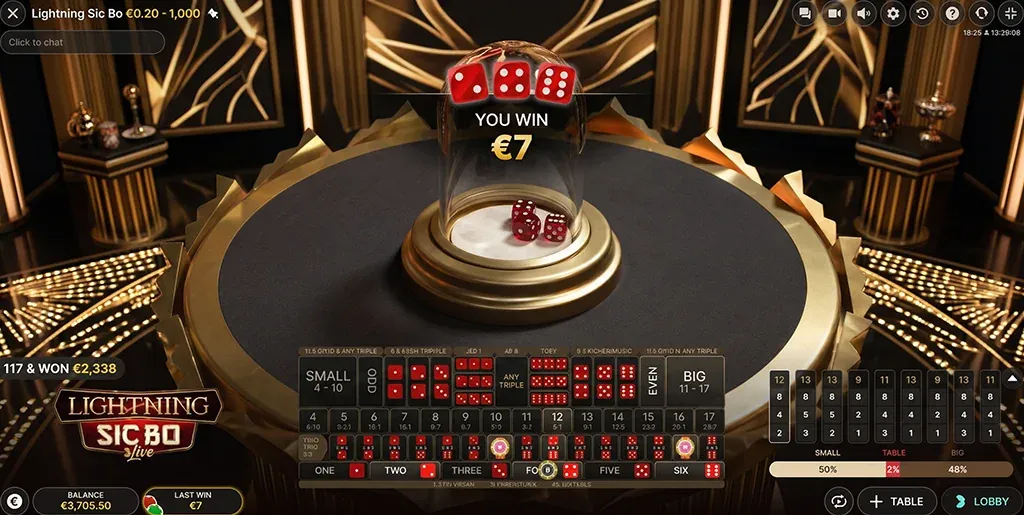 Lightning Sic Bo win screen with three dice under the dome and a payout